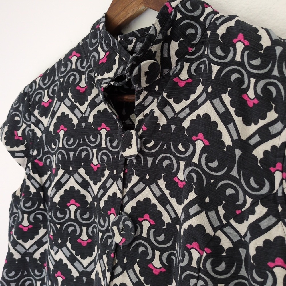 Willi Smith Bolero Jacket SZ L Silk Black White‎ Pink Grey Pattern Buttons Short - Picture 2 of 6